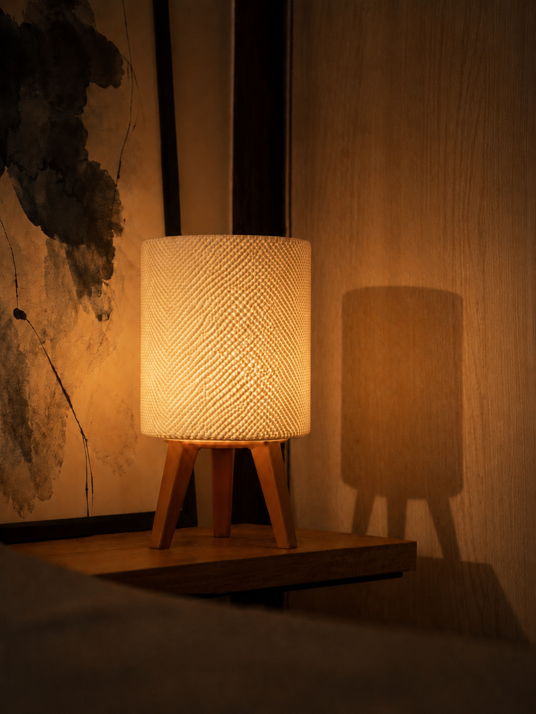 Kete lattice table lamp glowing at night, shelf abstract art, LAYR, made in New Zealand