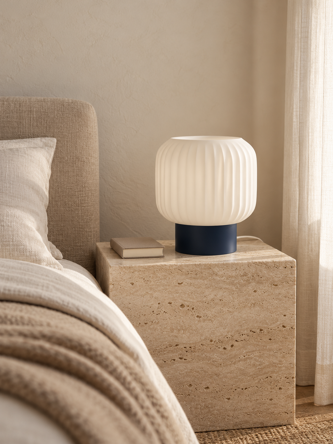Marama pleated table lamp, white shade with Blue base, linen bedroom, LAYR, made in New Zealand