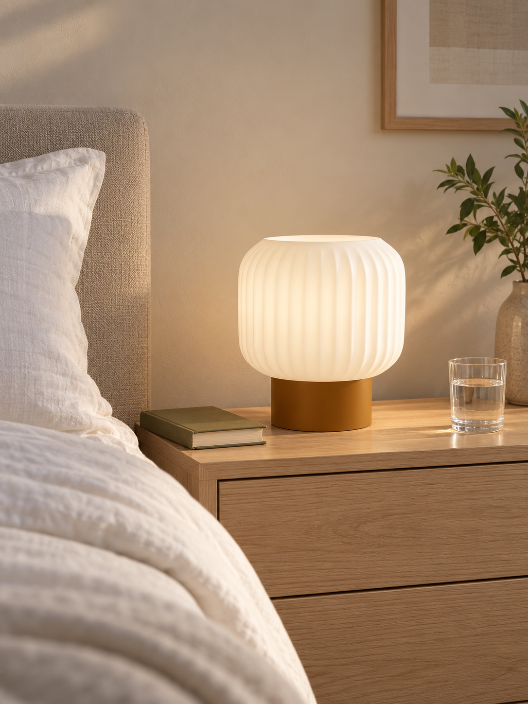 Marama pleated table lamp, white shade with Clay Brown base, white oak bedroom, LAYR, made in New Zealand