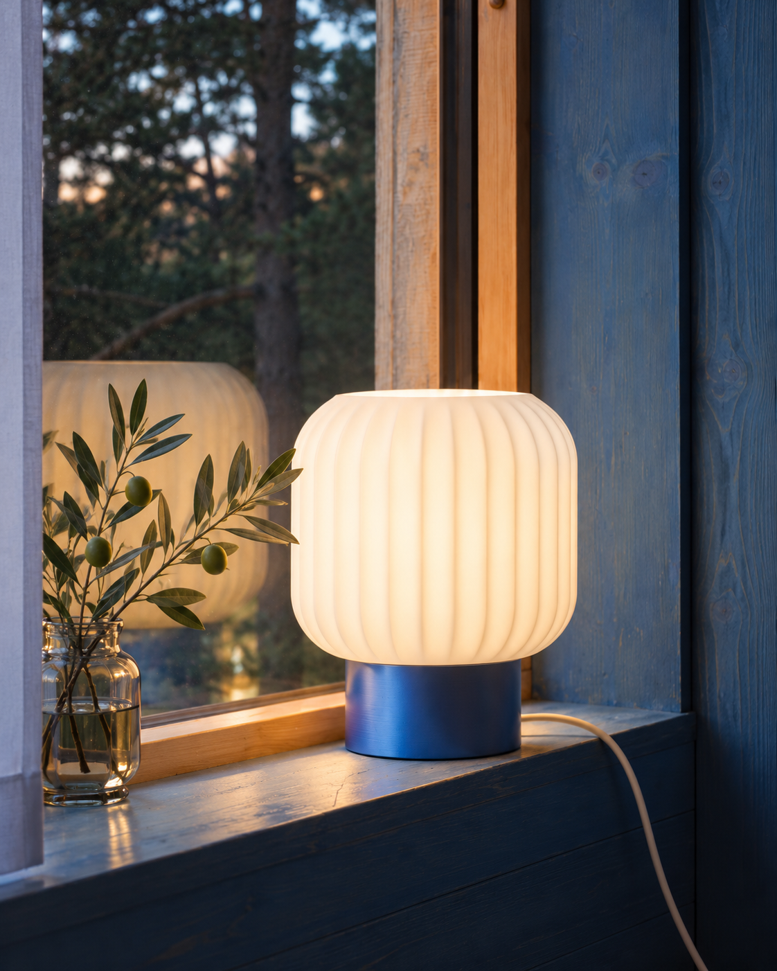 Marama pleated table lamp, white shade with Cobalt Blue base, blue window corner, LAYR, made in New Zealand