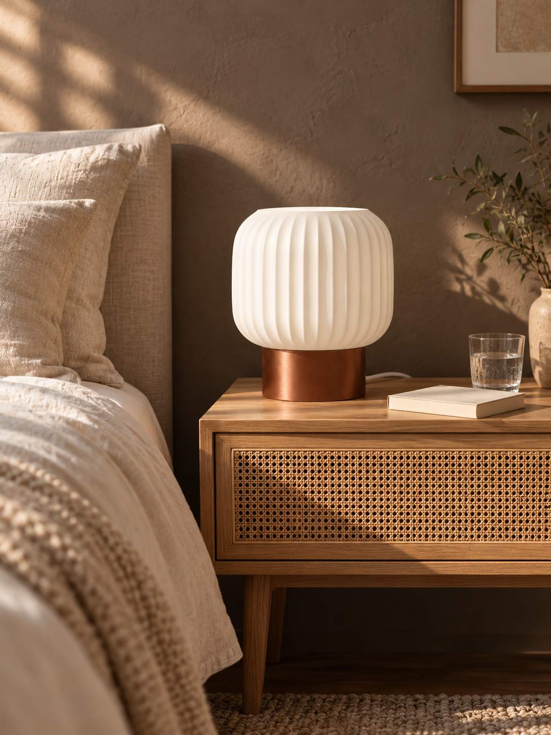 Marama pleated table lamp, white shade with Copper Brown base, cane bedside, LAYR, made in New Zealand