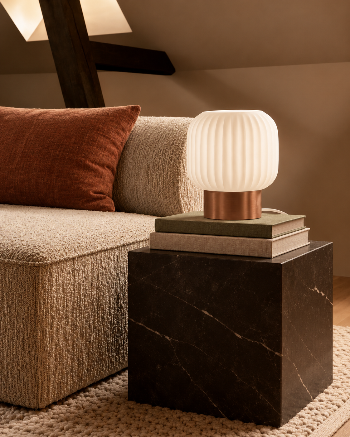 Marama pleated table lamp, white shade with Copper Brown base, dark marble cube, LAYR, made in New Zealand