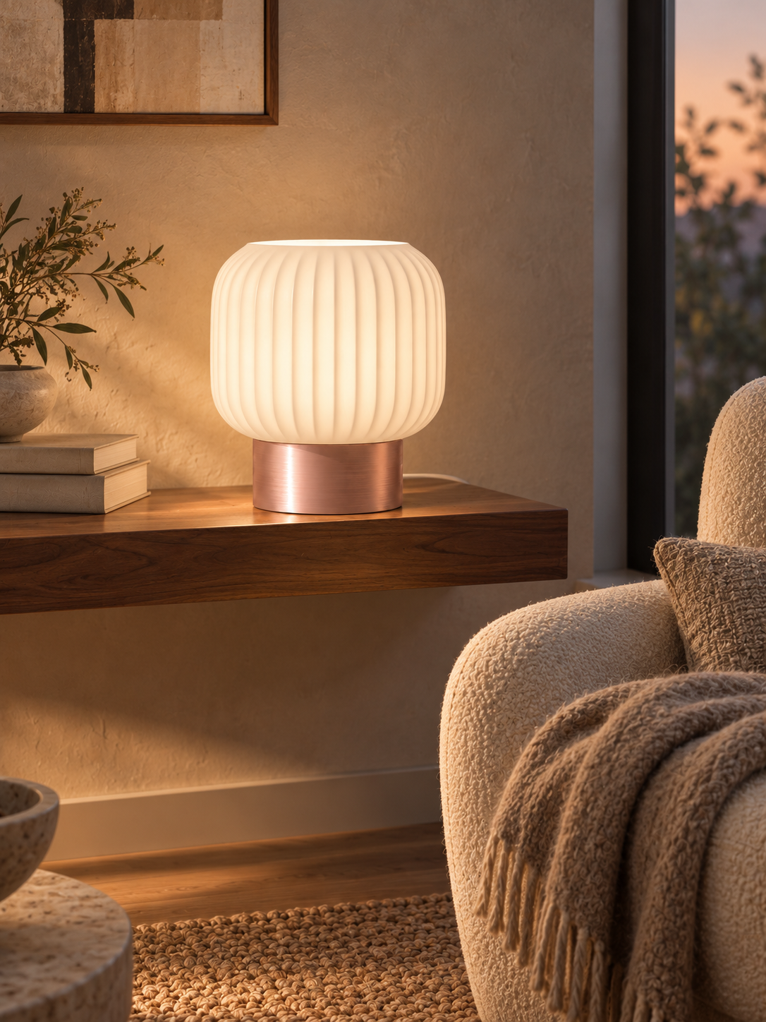 Marama pleated table lamp, white shade with Rose Gold base, evening reading shelf, LAYR, made in New Zealand