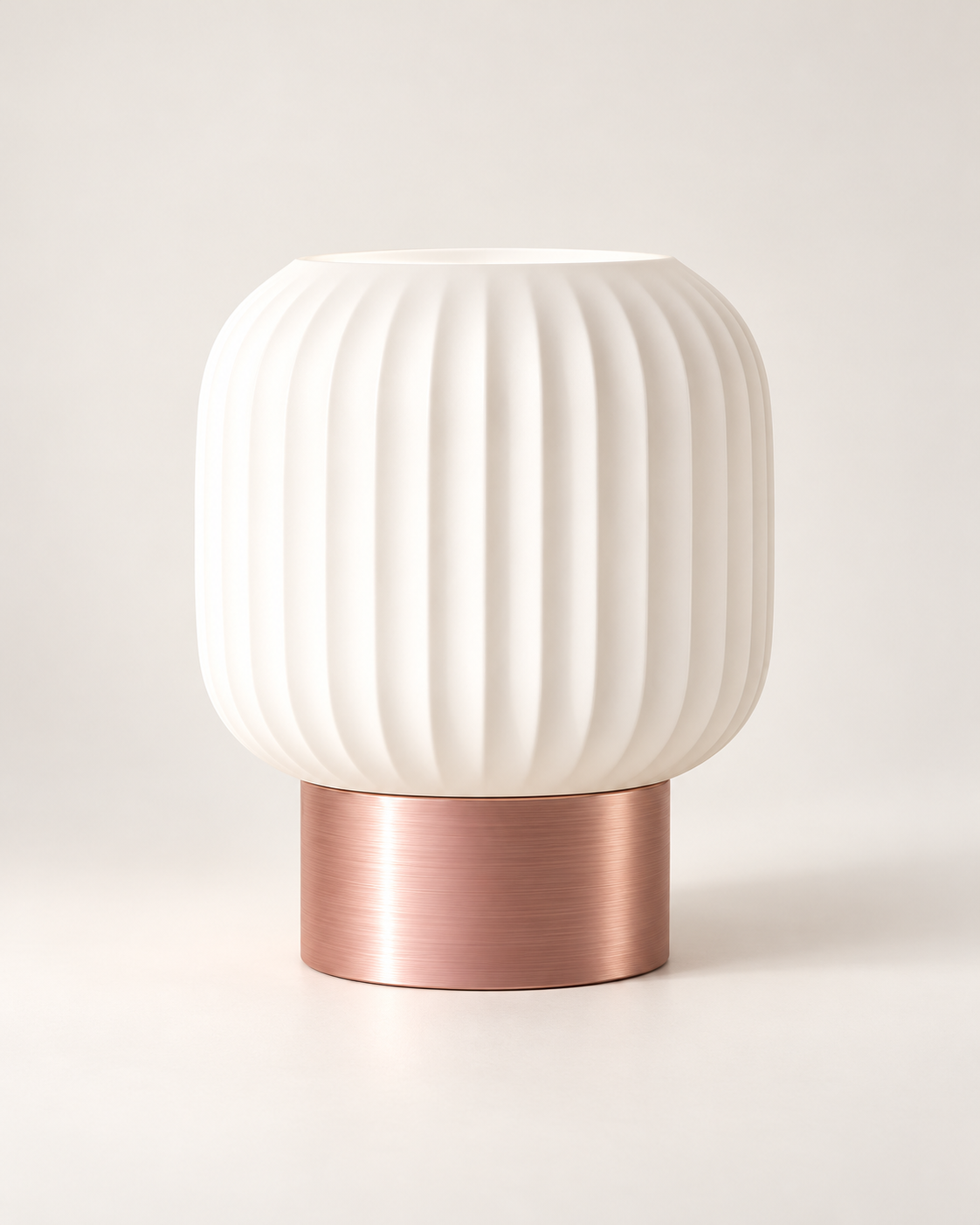 Marama pleated table lamp, white shade with Rose Gold base, studio shot, LAYR, made in New Zealand