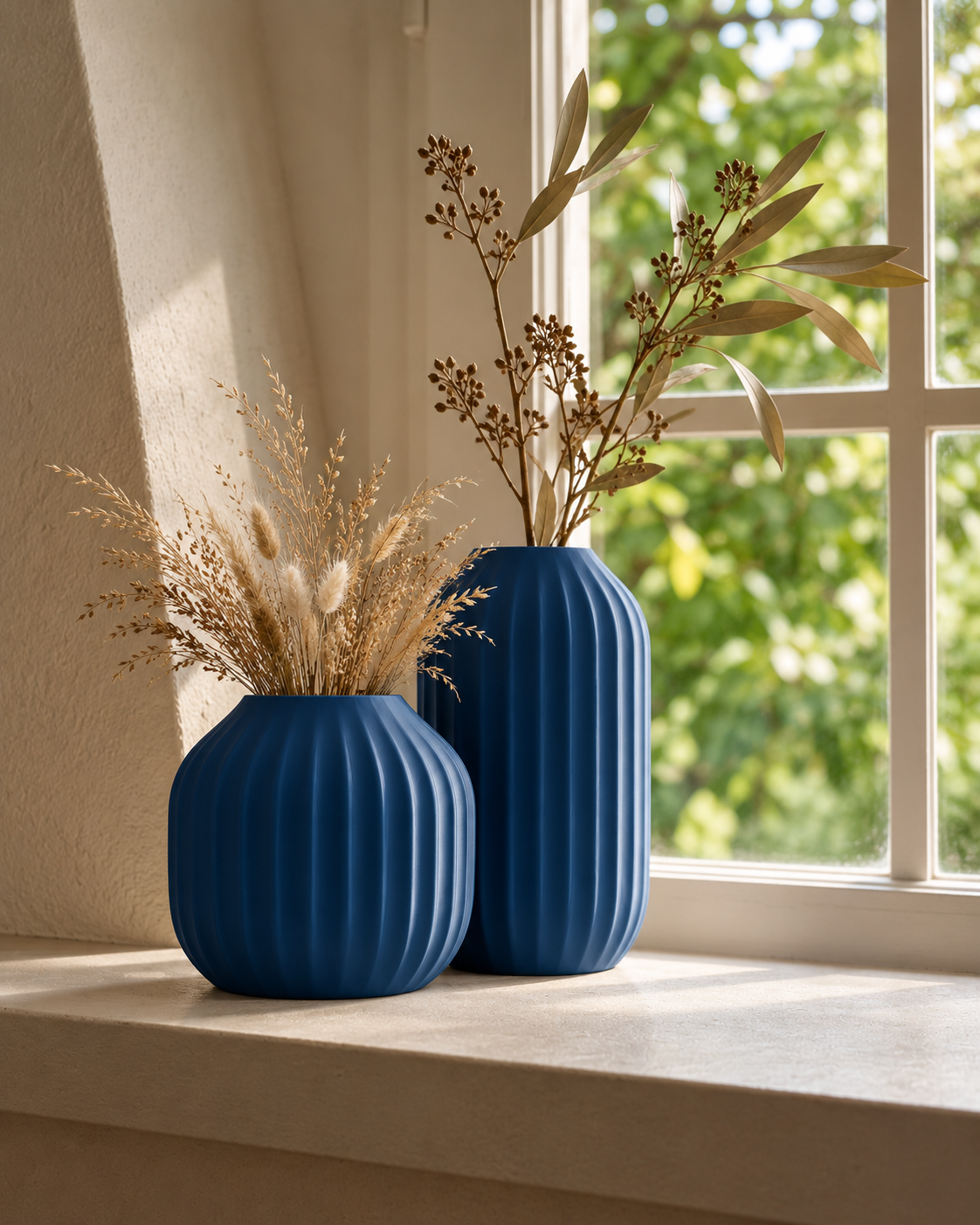 Marama pair of pleated vases, tall and round, in Dark Blue, with dried stems, by garden window, LAYR, made in New Zealand