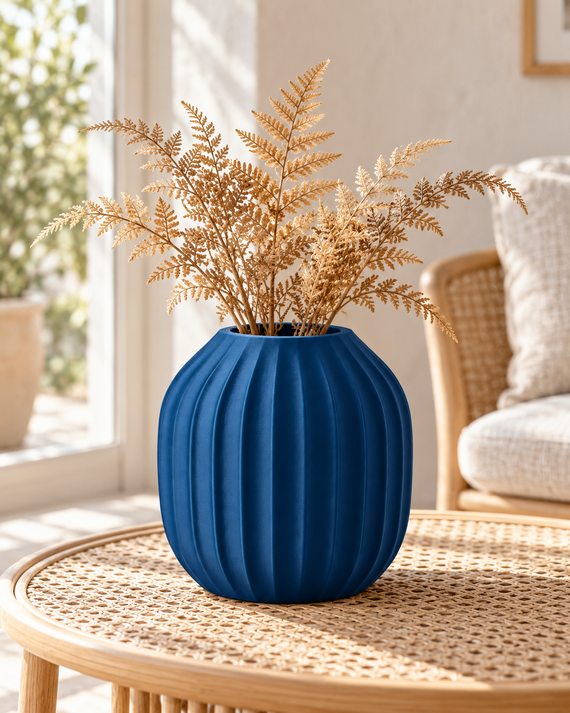 Marama round pleated vase in Dark Blue, with dried stems, rattan sunroom, LAYR, made in New Zealand