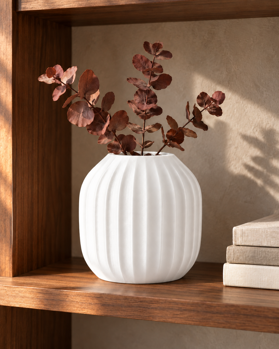 Marama round pleated vase in Ivory White, with dried stems, walnut shelving, LAYR, made in New Zealand