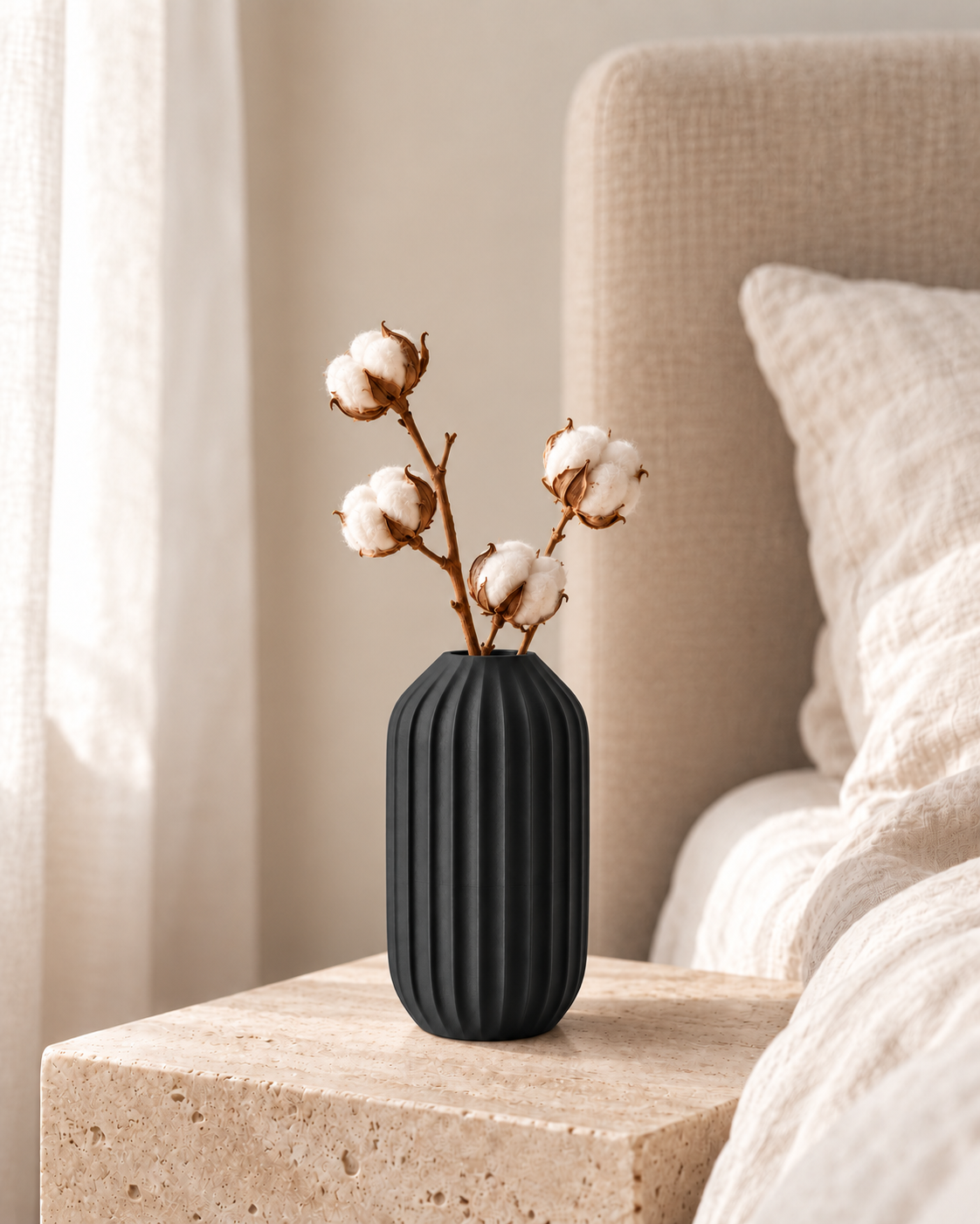 Marama tall pleated vase in Charcoal, with dried stems, linen bedroom, LAYR, made in New Zealand