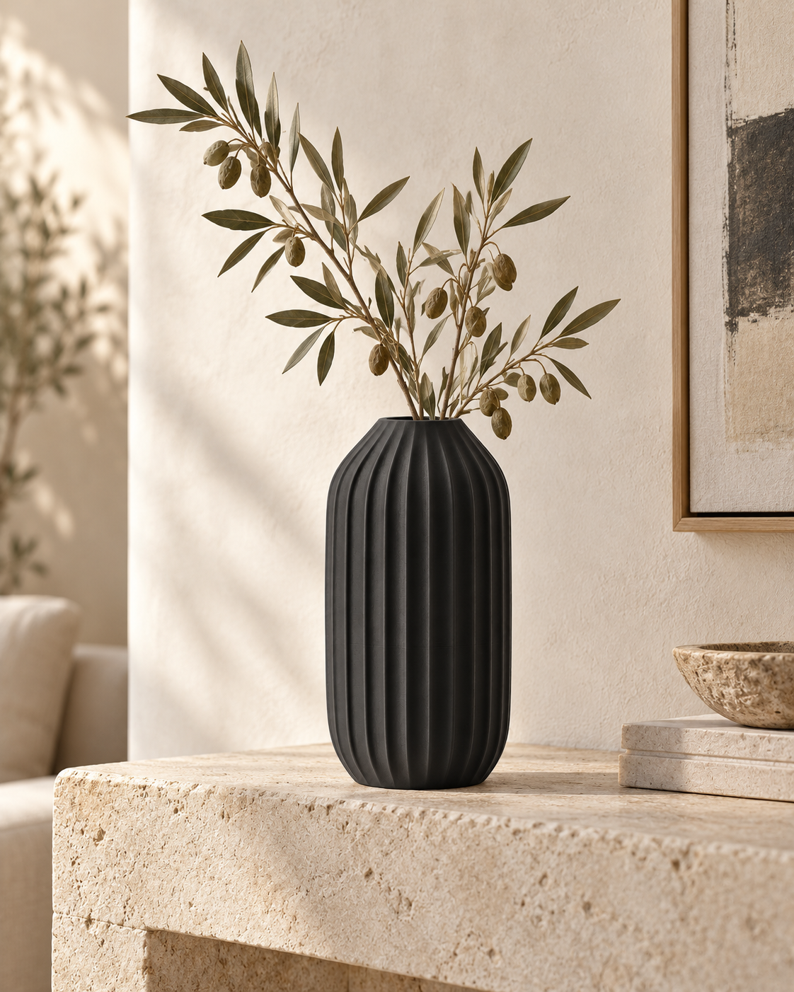 Marama tall pleated vase in Charcoal, with dried stems, plaster mantel, LAYR, made in New Zealand