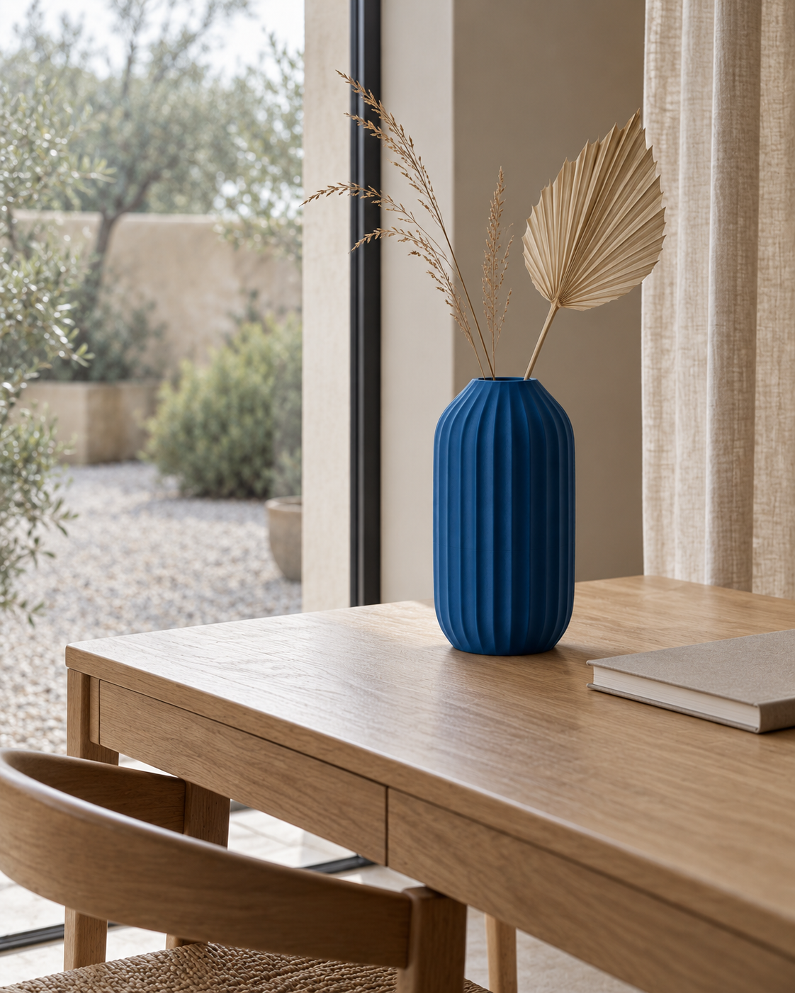 Marama tall pleated vase in Dark Blue, with dried stems, courtyard writing table, LAYR, made in New Zealand