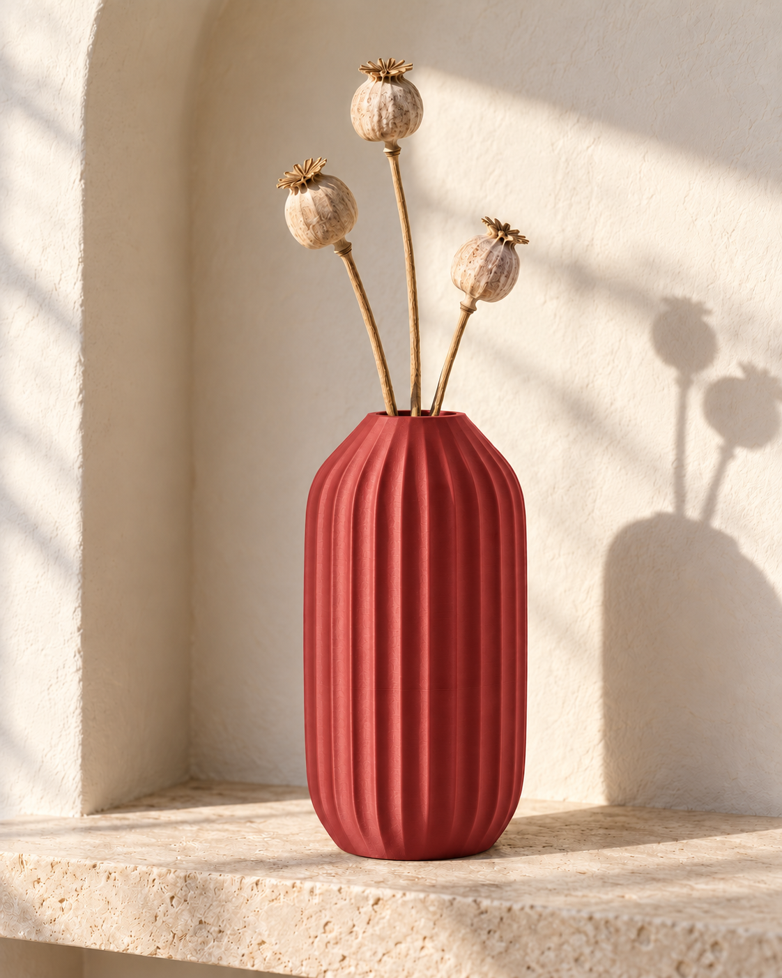 Marama tall pleated vase in Dark Red, with dried stems, chalk niche, LAYR, made in New Zealand