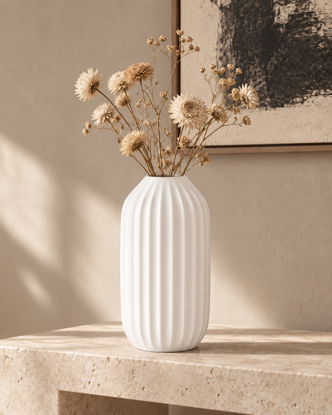 Marama tall pleated vase in Ivory White, with dried stems, artful stone console, LAYR, made in New Zealand