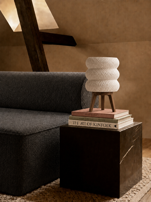 Tai table lamp, books dark side table loft, LAYR, made in New Zealand