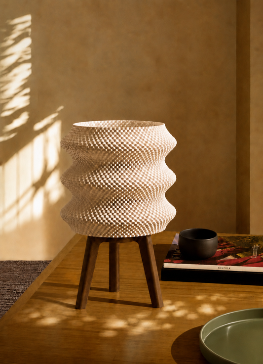 Ngaru table lamp in warm sunlight casting a soft shadow on a coffee table, LAYR, made in New Zealand