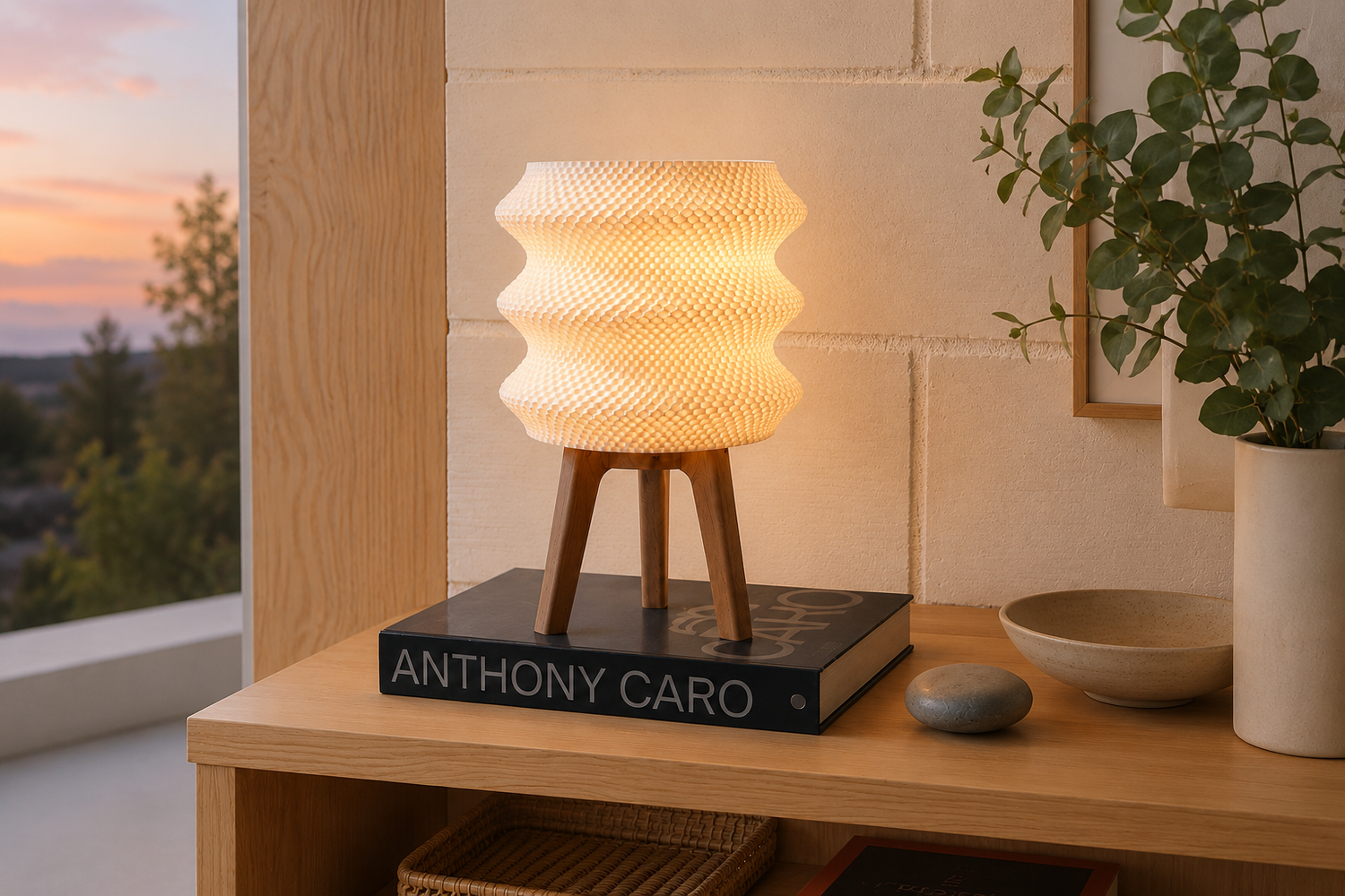 Ngaru table lamp on a bedside table with a book and plant, warm daylight — LAYR Lighting collection