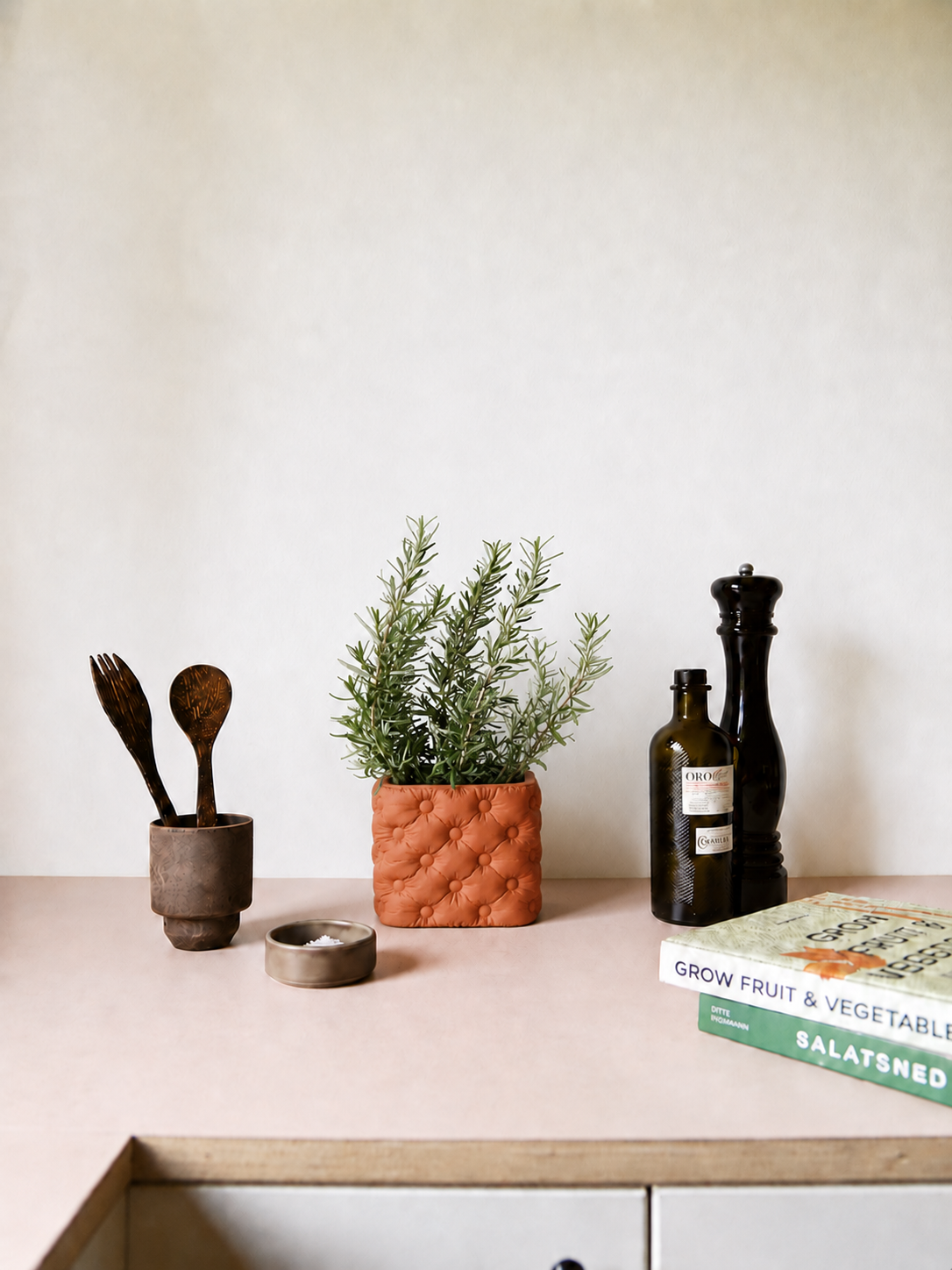 Hono tufted planter in Brown, planted with rosemary, LAYR, made in New Zealand