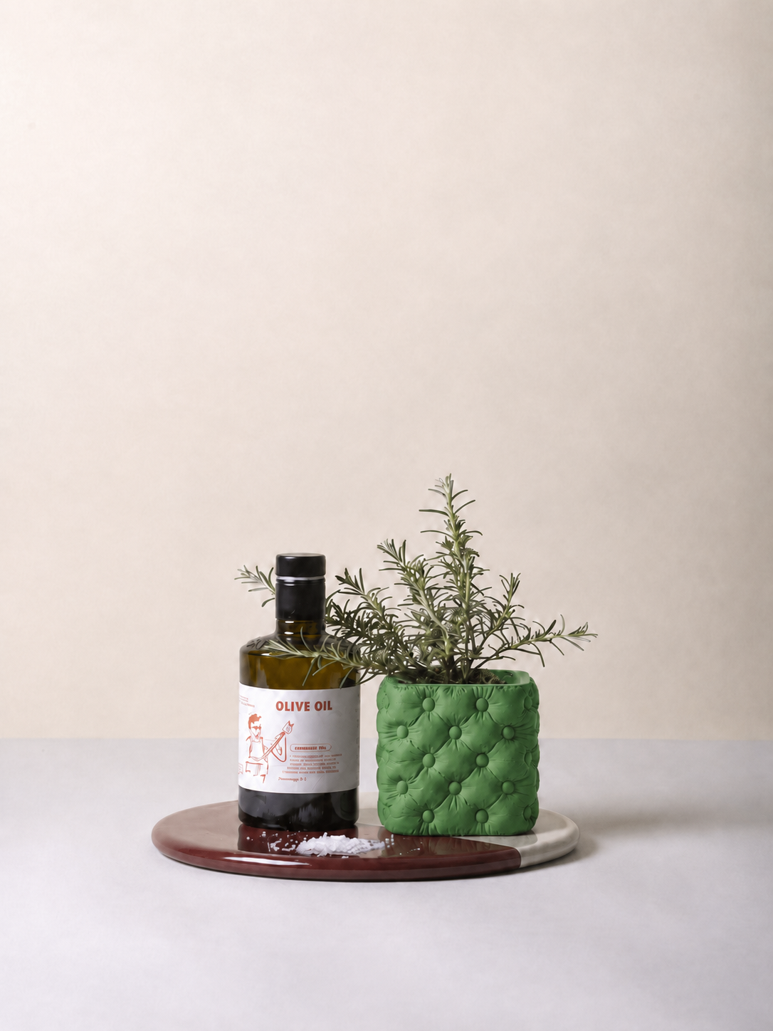 Hono tufted planter in Silk Green, styled with an olive oil bottle, LAYR, made in New Zealand