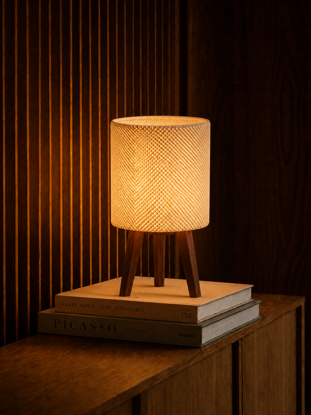 Kete lattice table lamp glowing at night, books sideboard, LAYR, made in New Zealand