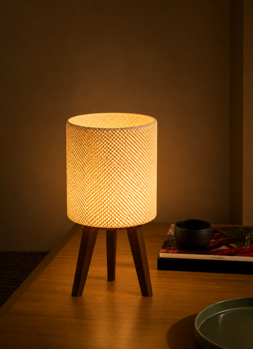 Kete lattice table lamp glowing at night, coffee table books, LAYR, made in New Zealand