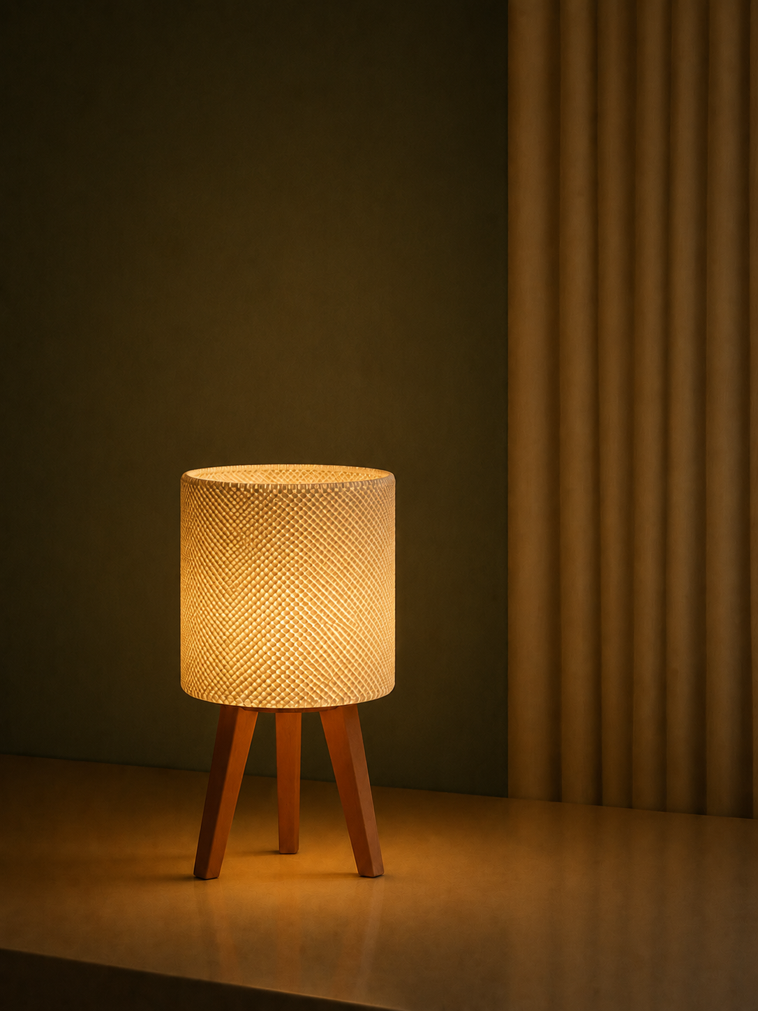 Kete lattice table lamp glowing at night, olive wall curtain, LAYR, made in New Zealand
