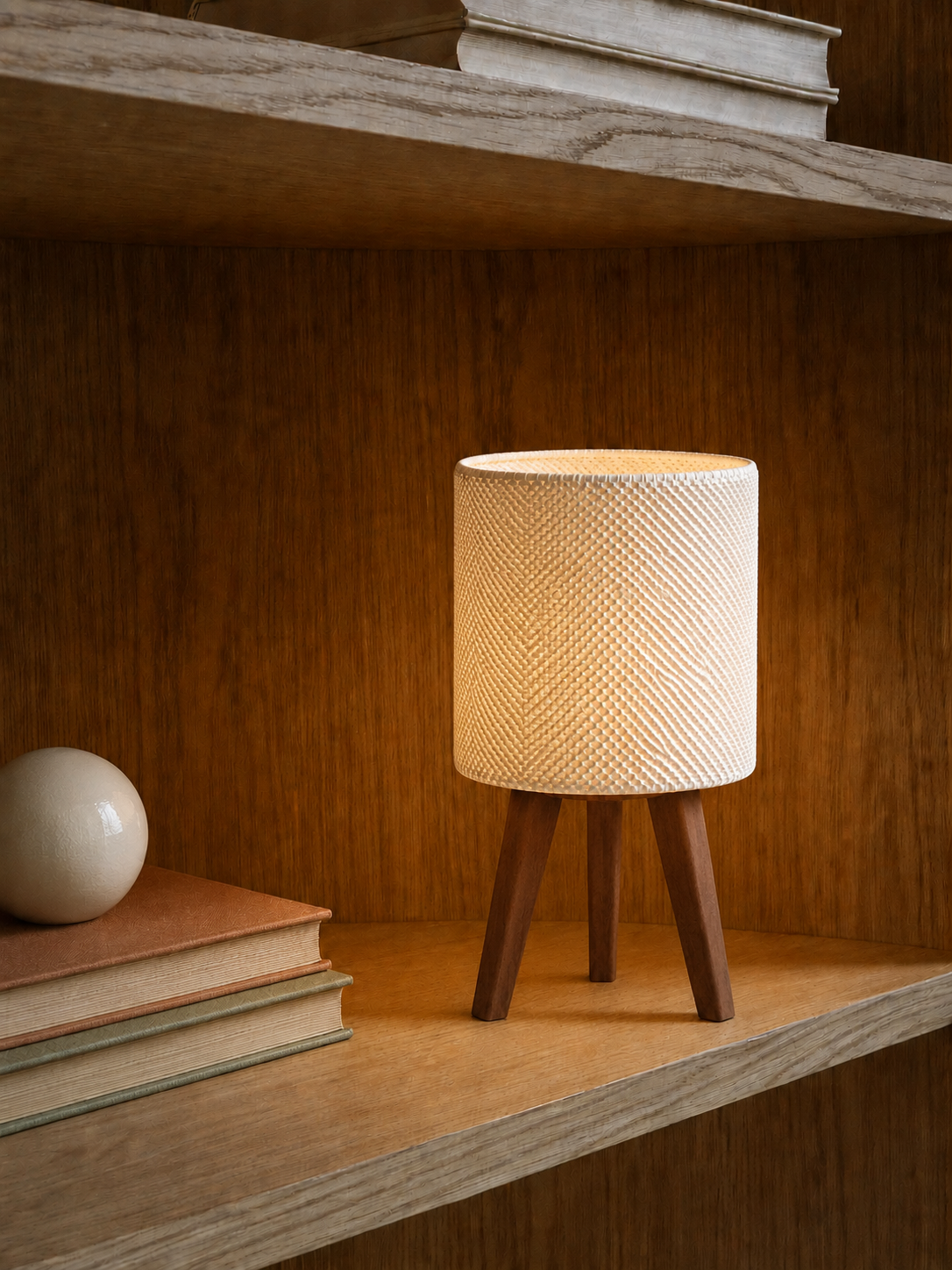 Kete lattice table lamp glowing on a shelf beside a decorative sphere, matte white woven shade, LAYR, made in New Zealand