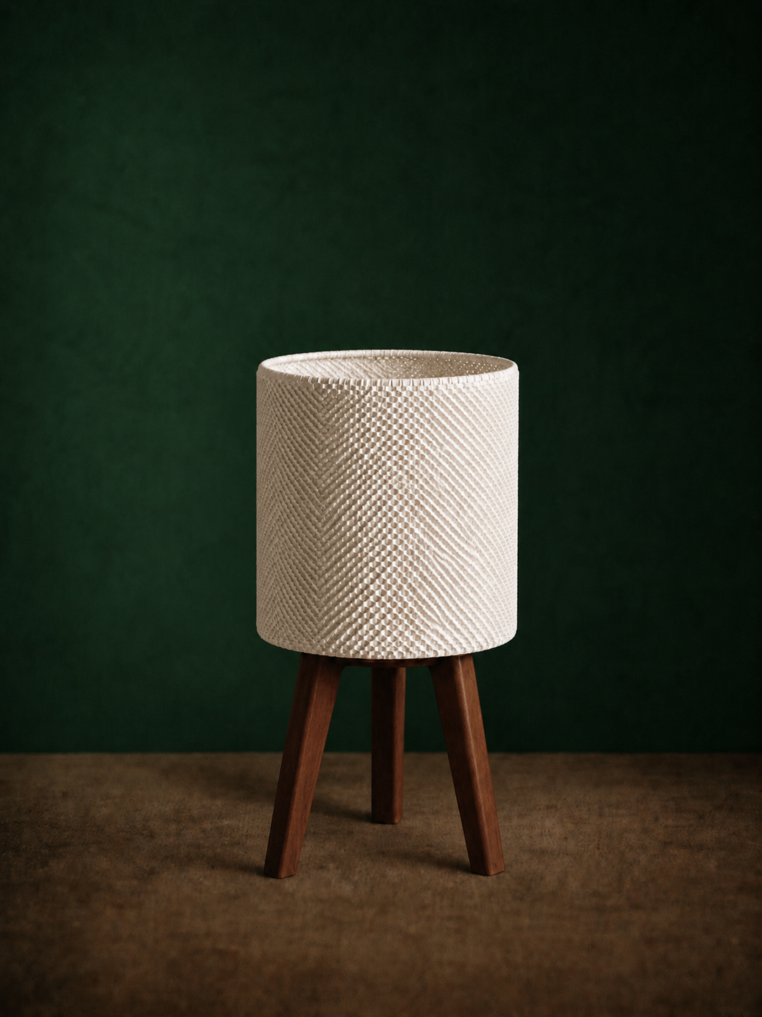 Kete lattice table lamp with matte white woven shade on wooden tripod legs, LAYR, made in New Zealand