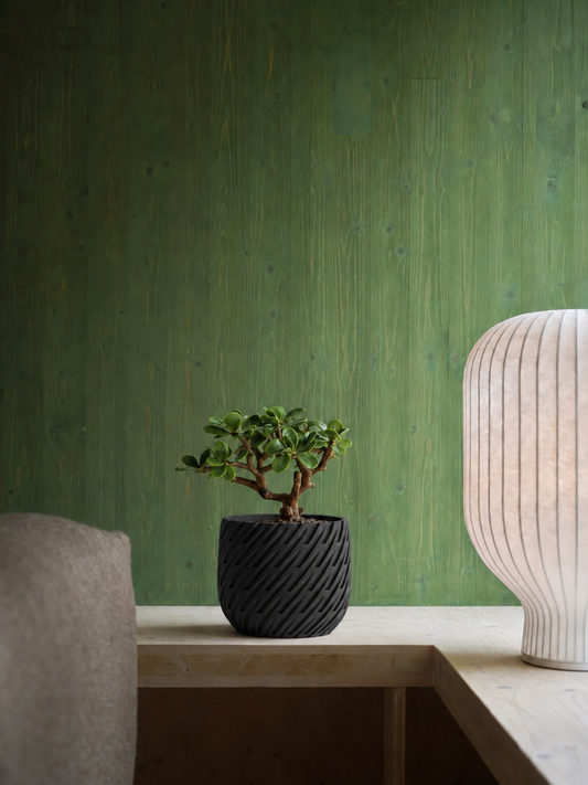 Kono woven planter in Black, styled in a living space, LAYR, made in New Zealand