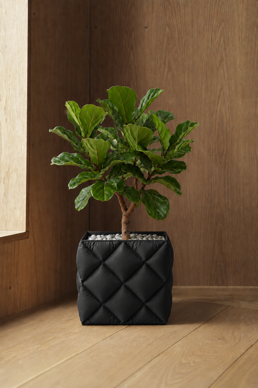 Kupenga quilted planter in Black, in a wood-panelled corner, LAYR, made in New Zealand