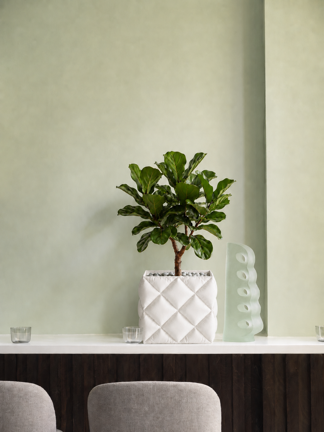 Kupenga quilted planter in White, on a shelf, LAYR, made in New Zealand