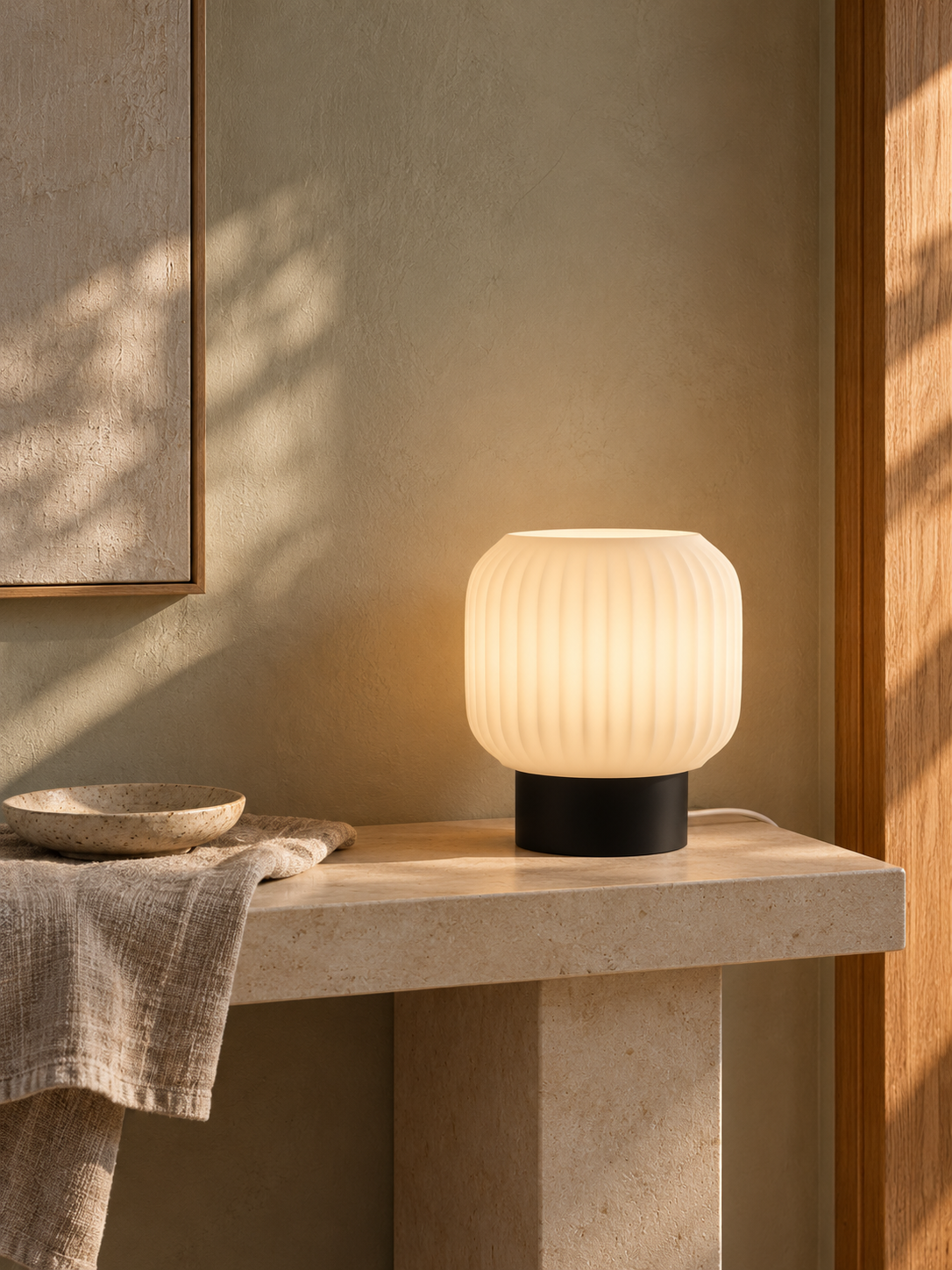 Marama pleated table lamp, white shade with Black base, limestone console, LAYR, made in New Zealand