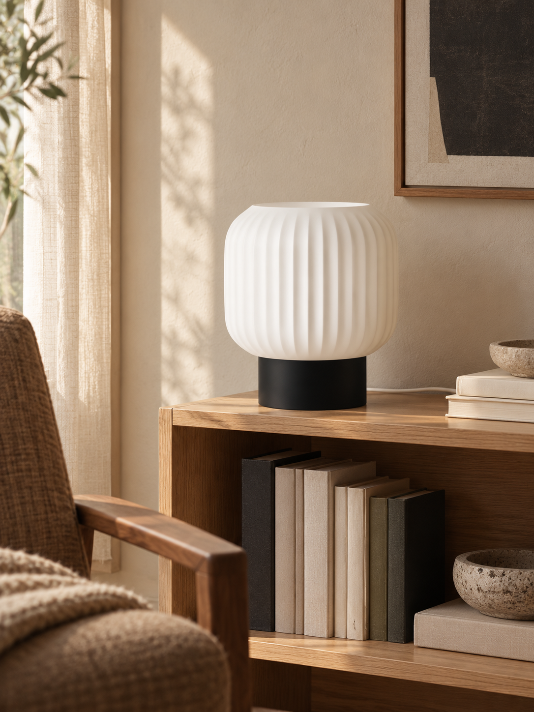 Marama pleated table lamp, white shade with Black base, oak library corner, LAYR, made in New Zealand