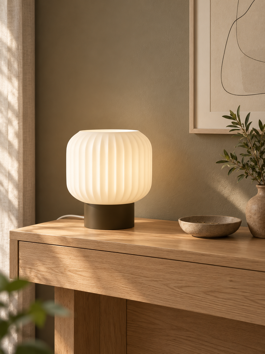 Marama pleated table lamp, white shade with Black Walnut base, olive wall console, LAYR, made in New Zealand