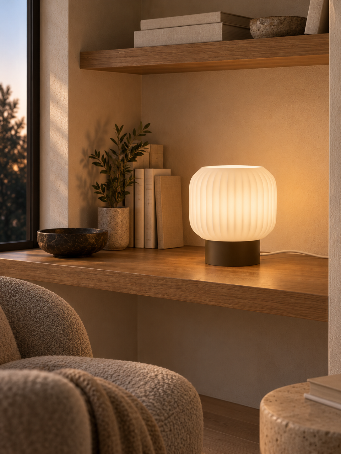 Marama pleated table lamp, white shade with Black Walnut base, plaster library alcove, LAYR, made in New Zealand