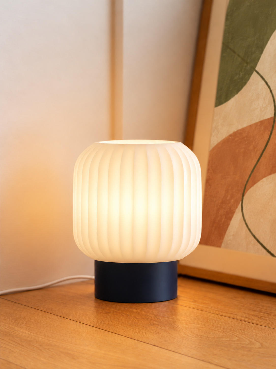 Marama pleated table lamp, white shade with Blue base, paper lantern corner, LAYR, made in New Zealand