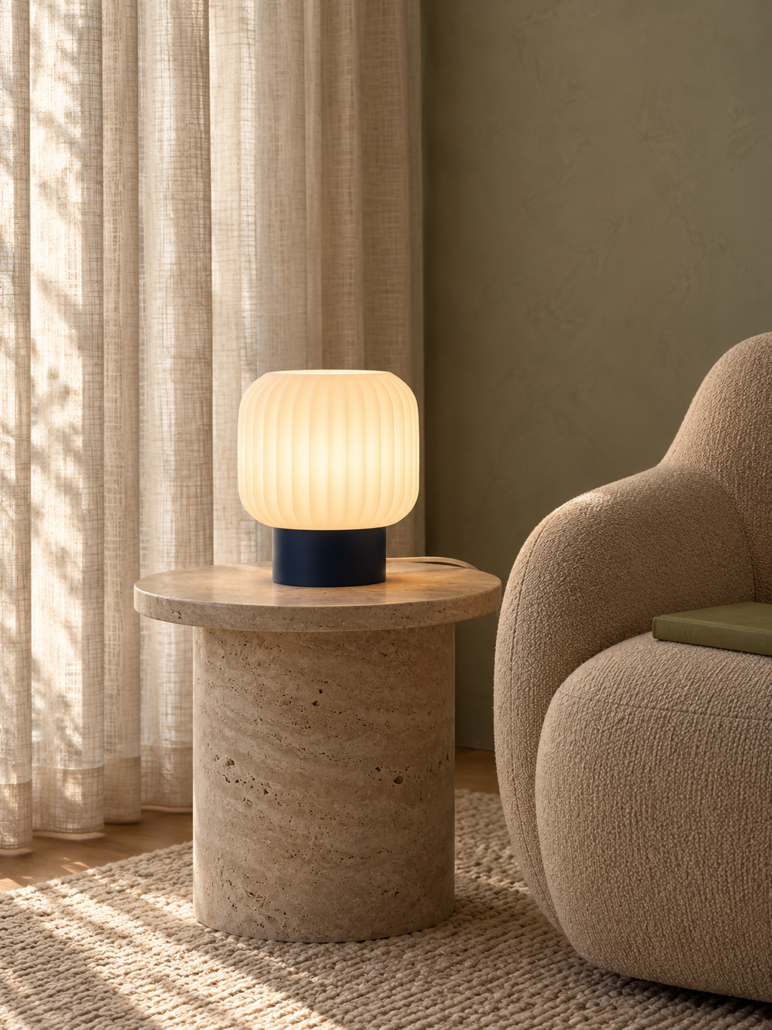 Marama pleated table lamp, white shade with Blue base, reading alcove, LAYR, made in New Zealand
