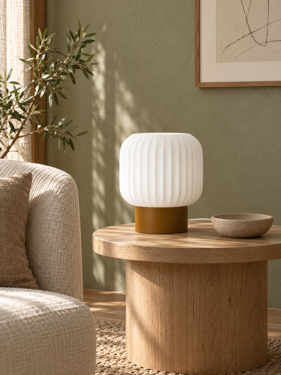 Marama pleated table lamp, white shade with Clay Brown base, sage reading room, LAYR, made in New Zealand
