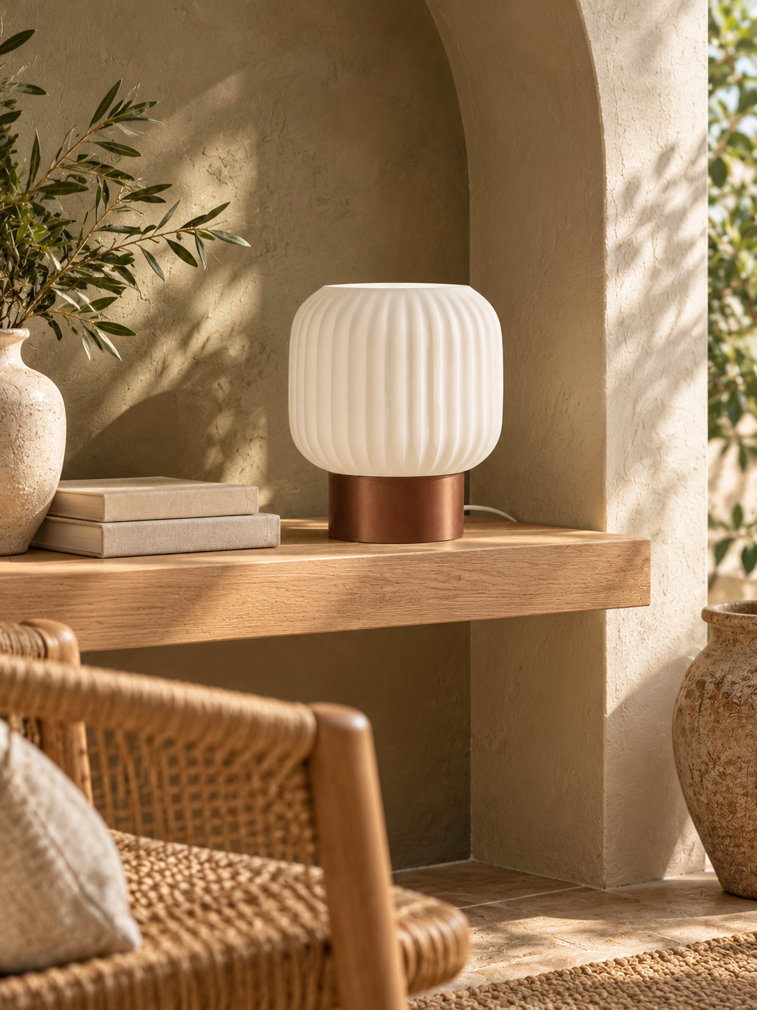 Marama pleated table lamp, white shade with Copper Brown base, olive alcove, LAYR, made in New Zealand