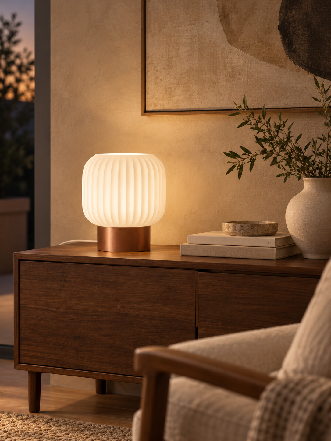 Marama pleated table lamp, white shade with Copper Brown base, walnut evening console, LAYR, made in New Zealand