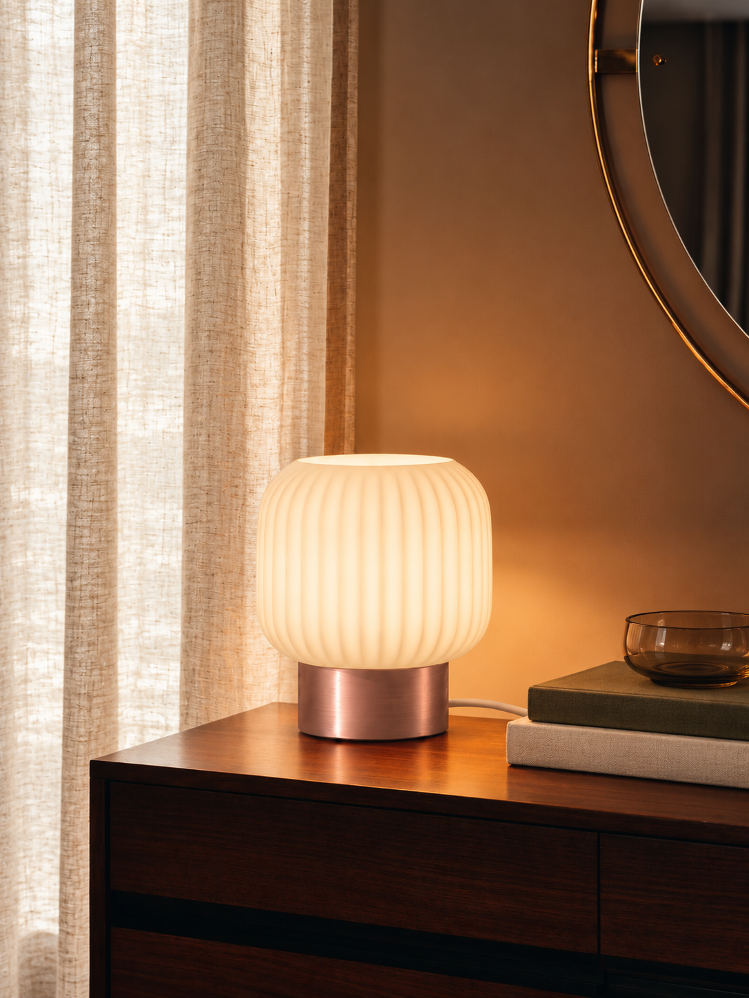 Marama pleated table lamp, white shade with Rose Gold base, curtain and bronze mirror, LAYR, made in New Zealand