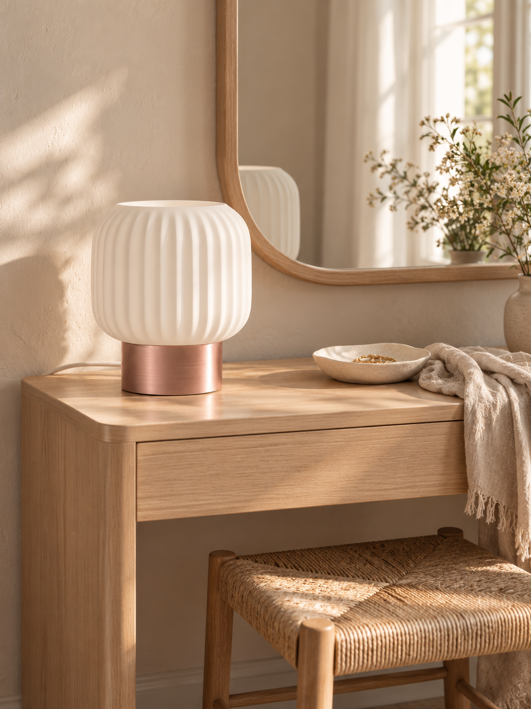 Marama pleated table lamp, white shade with Rose Gold base, linen dressing nook, LAYR, made in New Zealand