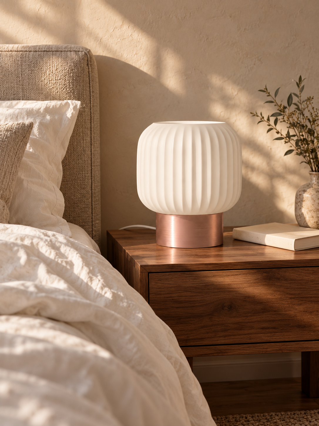 Marama pleated table lamp, white shade with Rose Gold base, walnut bedside, LAYR, made in New Zealand