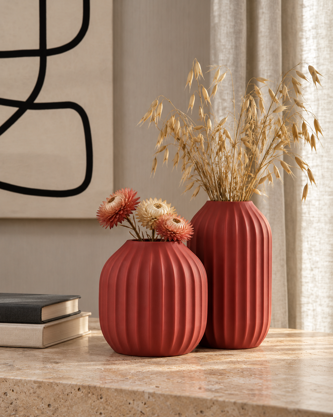 Marama pair of pleated vases, tall and round, in Dark Red, with dried stems, with abstract art and linen, LAYR, made in New Zealand