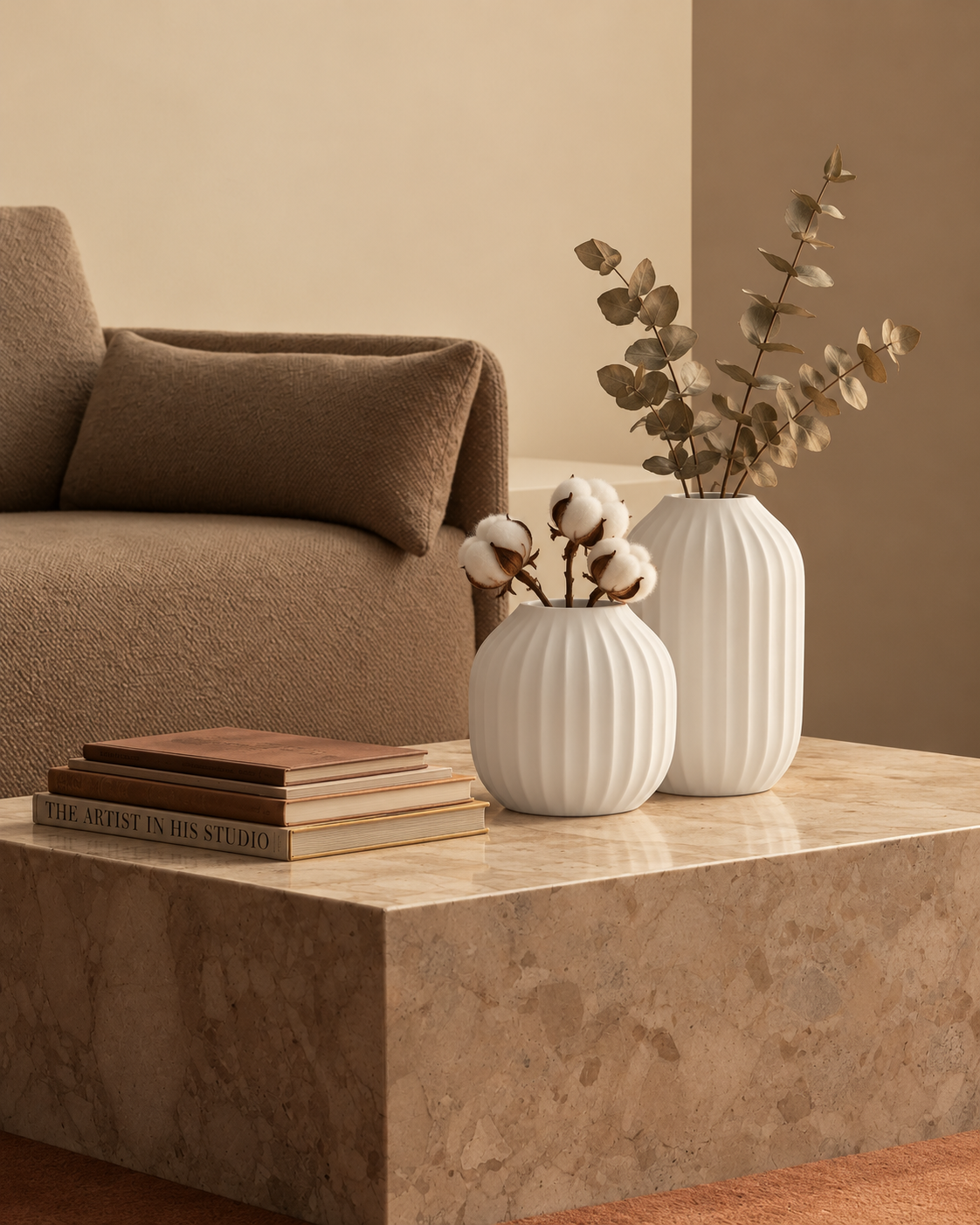 Marama pair of pleated vases, tall and round, in Ivory White, with dried stems, on limestone coffee table, LAYR, made in New Zealand