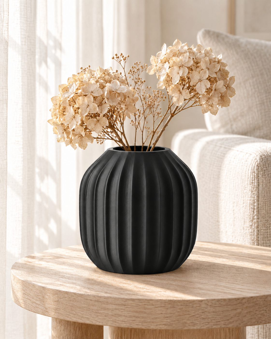 Marama round pleated vase in Charcoal, with dried stems, bright linen corner, LAYR, made in New Zealand