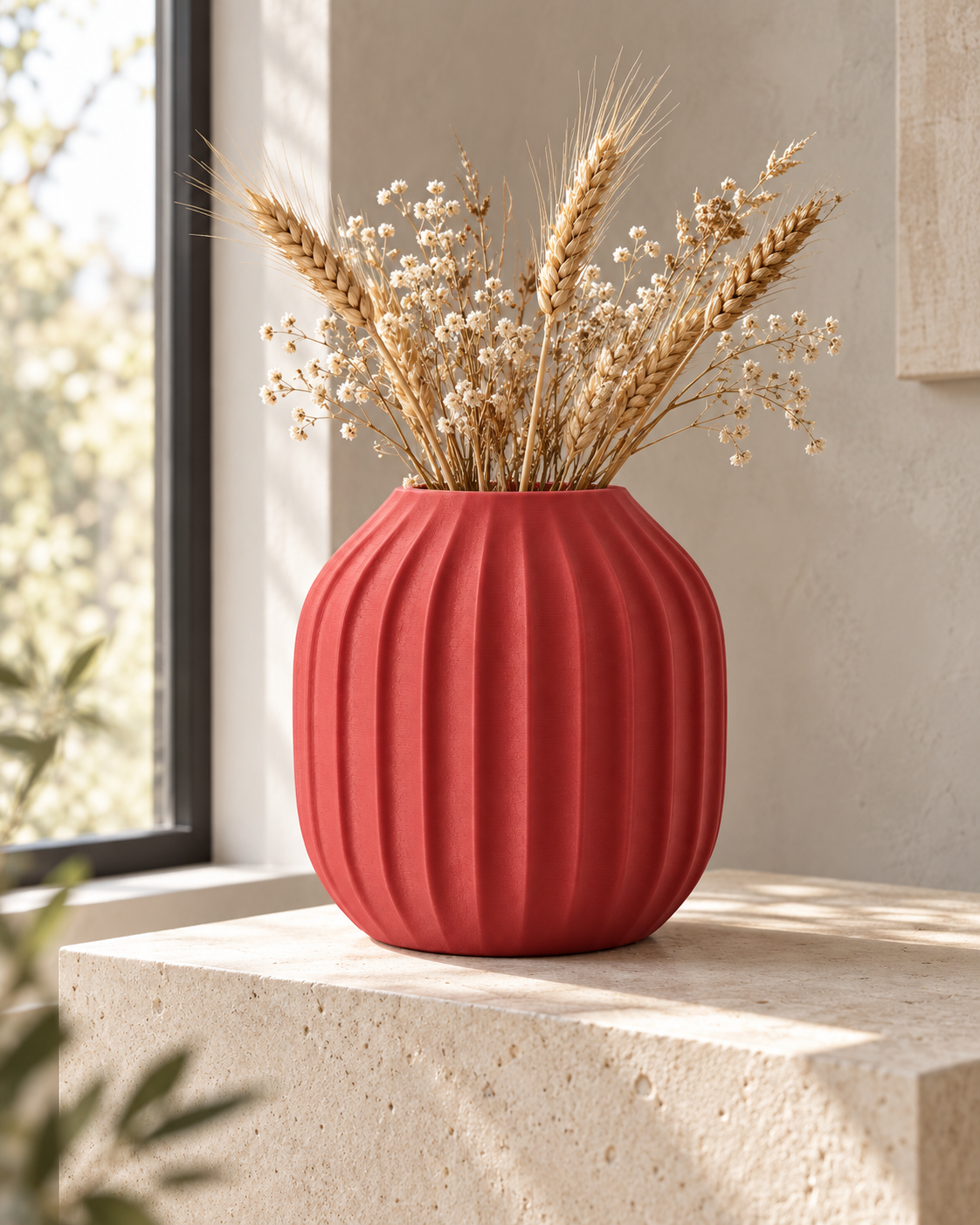 Marama round pleated vase in Dark Red, with dried stems, plaster pedestal corner, LAYR, made in New Zealand