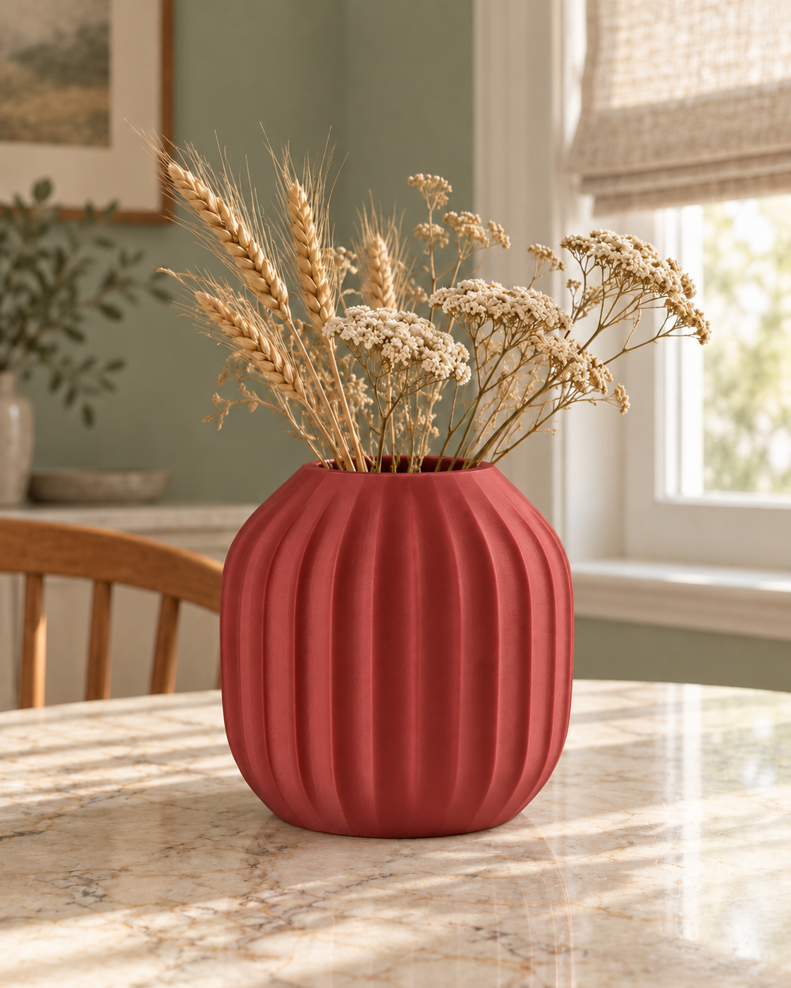 Marama round pleated vase in Dark Red, with dried stems, sage breakfast table, LAYR, made in New Zealand