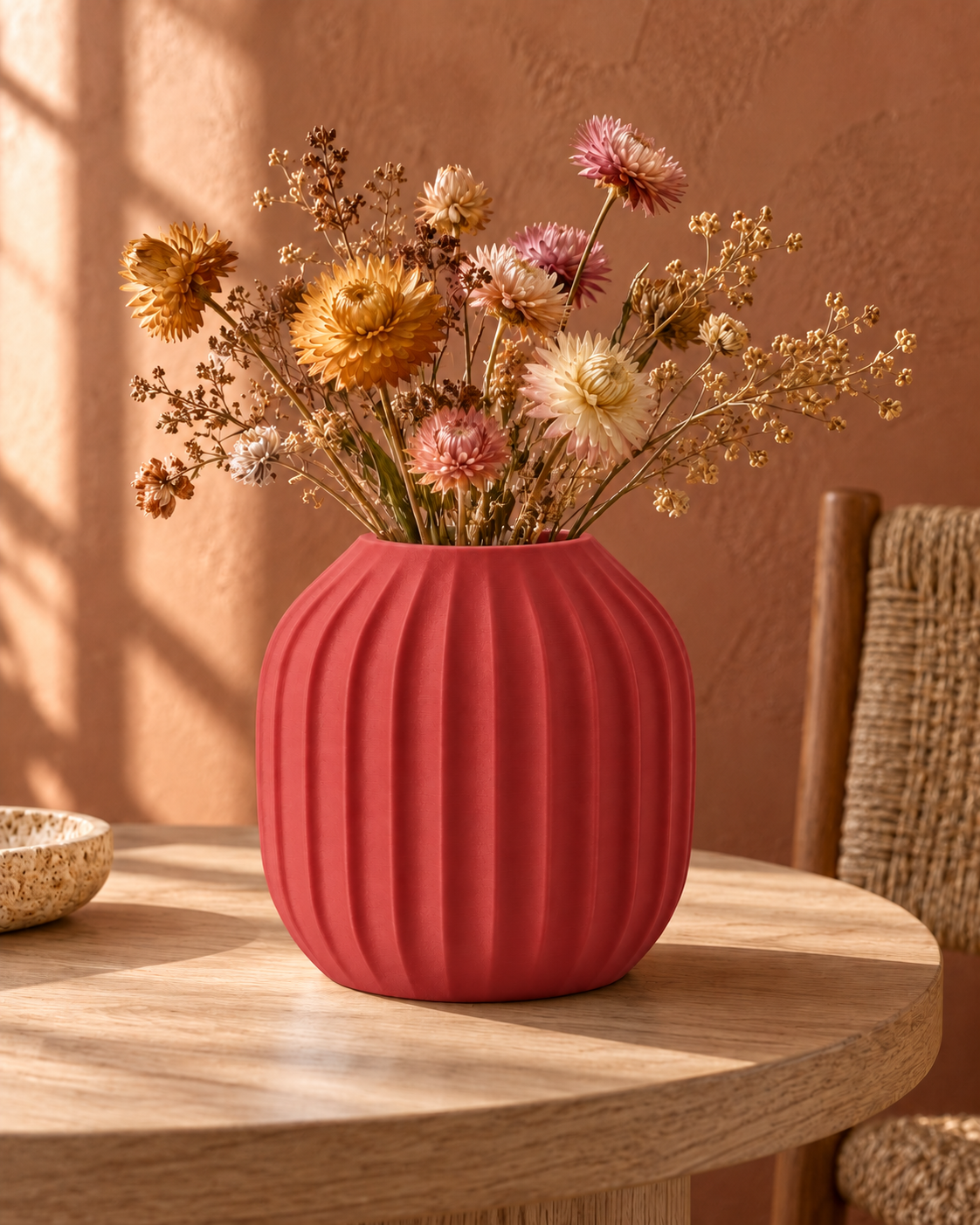 Marama round pleated vase in Dark Red, with dried stems, terracotta dining nook, LAYR, made in New Zealand