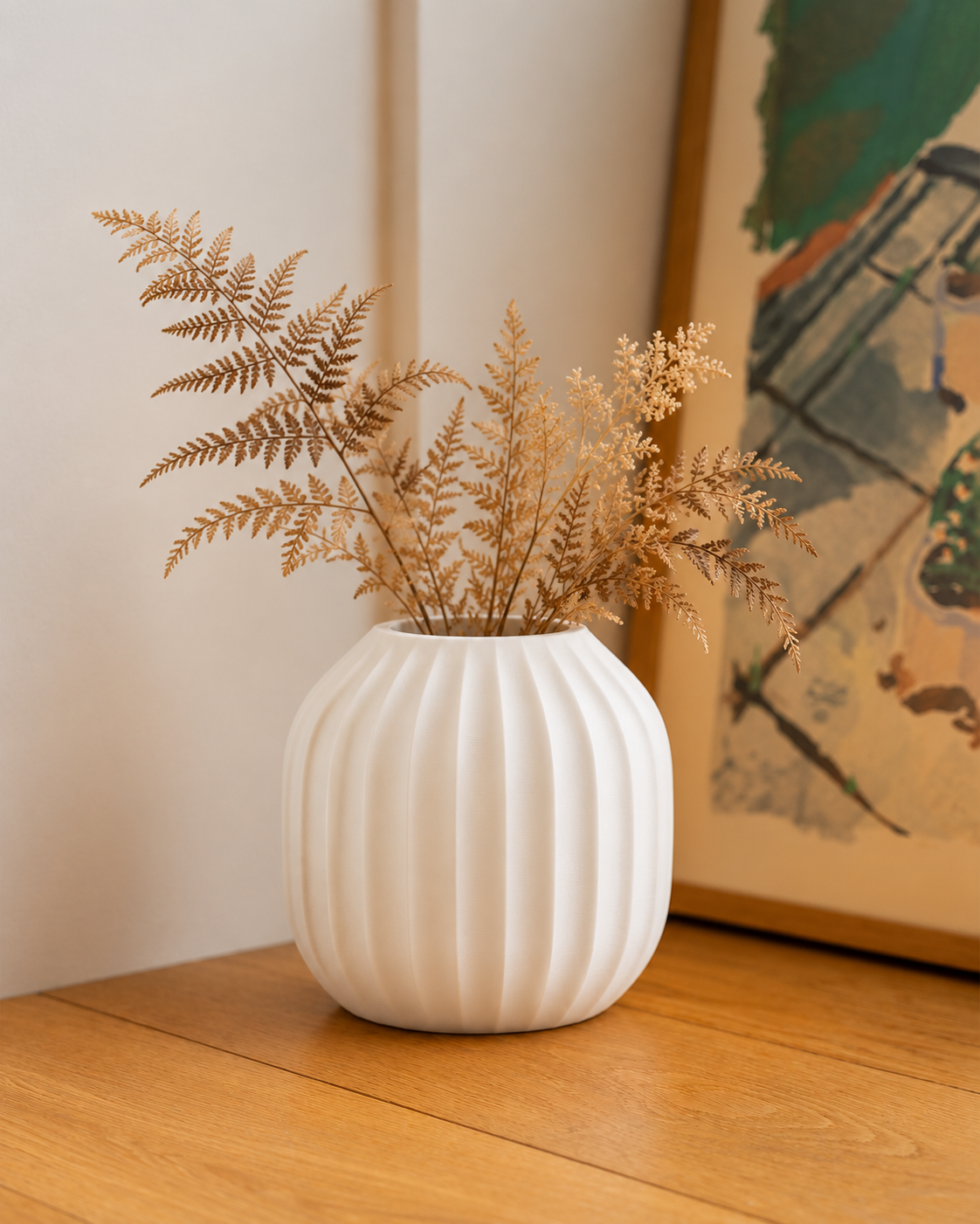 Marama round pleated vase in Ivory White, with dried stems, warm oak art corner, LAYR, made in New Zealand