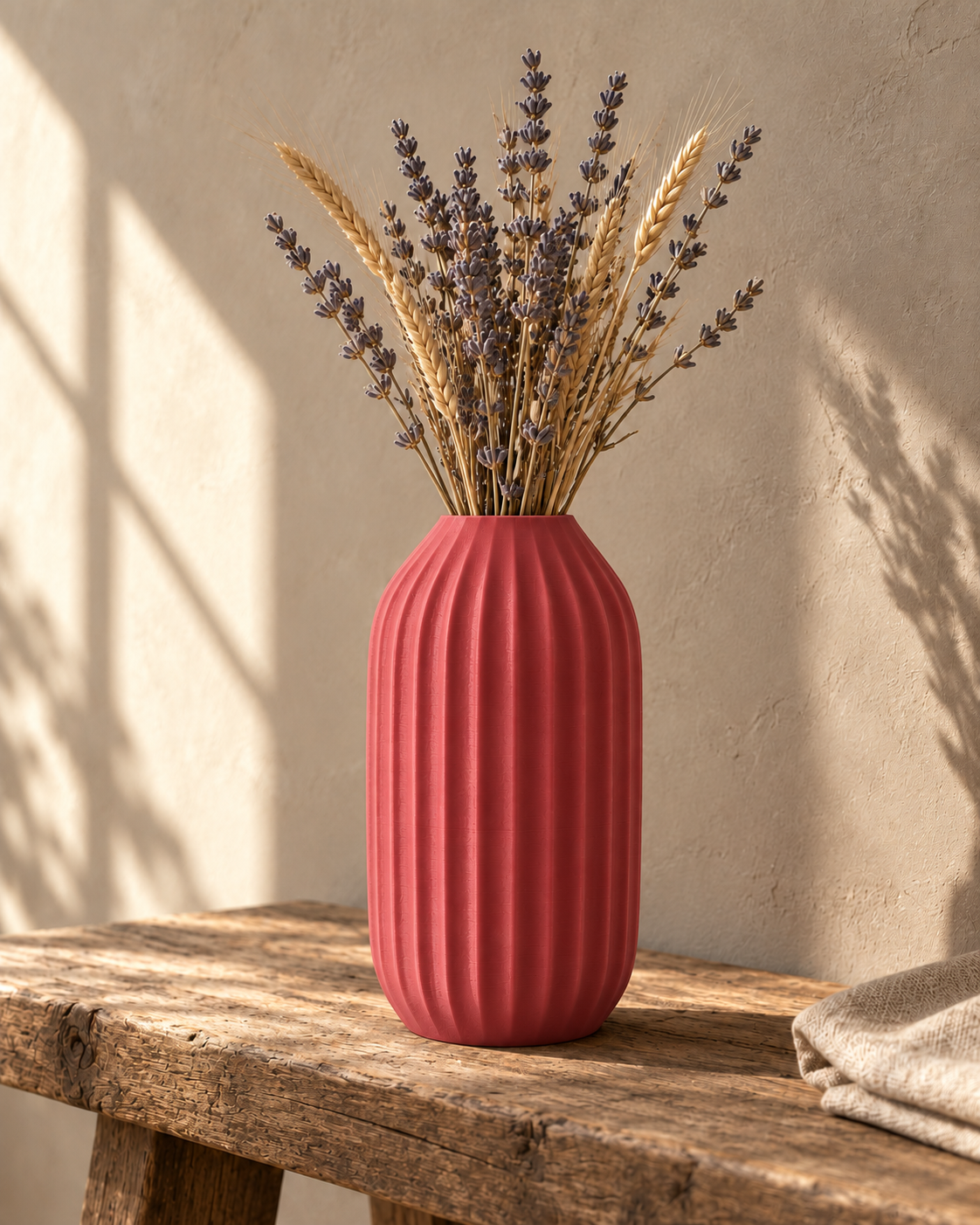 Marama tall pleated vase in Dark Red, with dried stems, rustic oak bench, LAYR, made in New Zealand