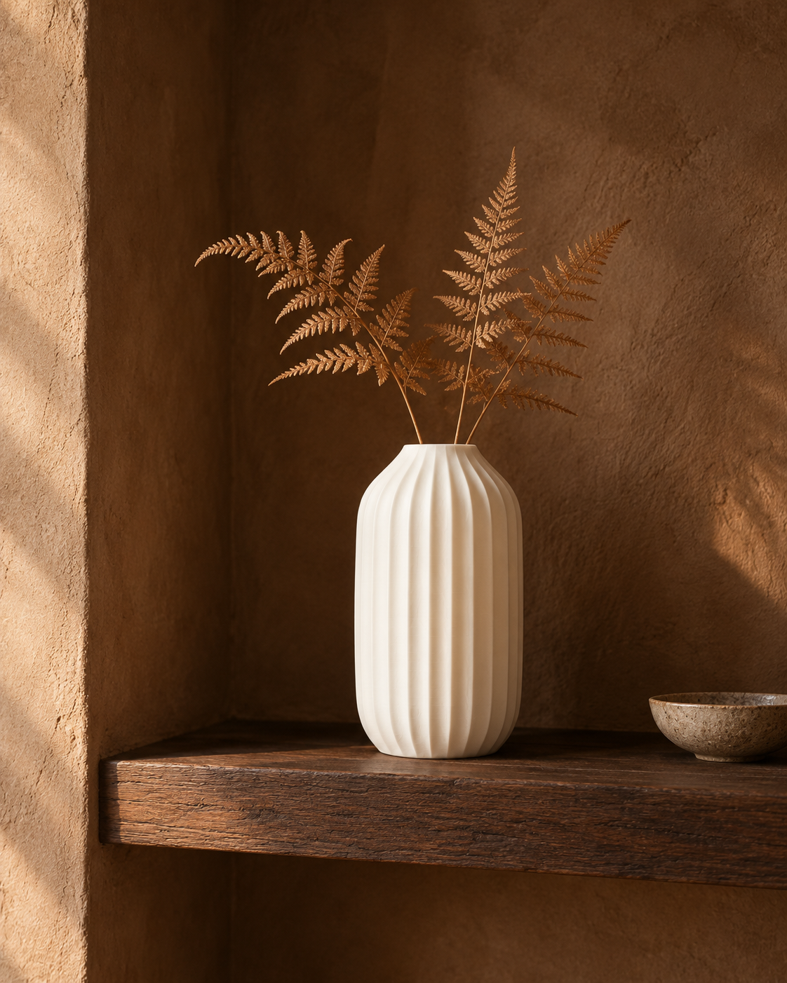 Marama tall pleated vase in Ivory White, with dried stems, clay plaster alcove, LAYR, made in New Zealand